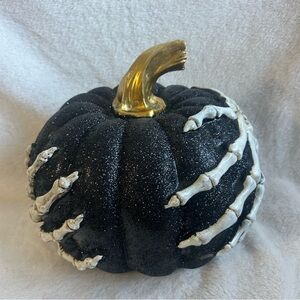 NEW Black Glitter with Gold Stem Halloween Skeleton Hands Pumpkin Decor